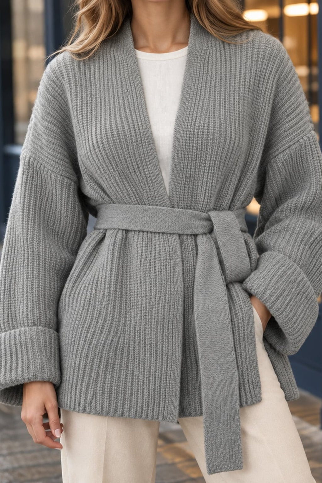 Ribbed Knit Cardigan with Removable Belt - 4