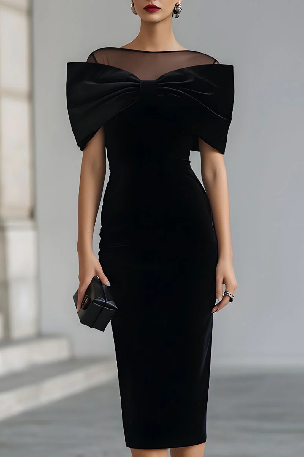 Velvet Midi Dress with Sheer Neckline and Bow Detail - 2