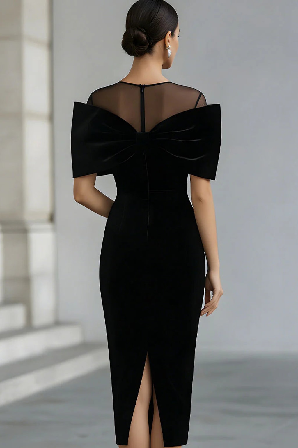 Velvet Midi Dress with Sheer Neckline and Bow Detail - 3