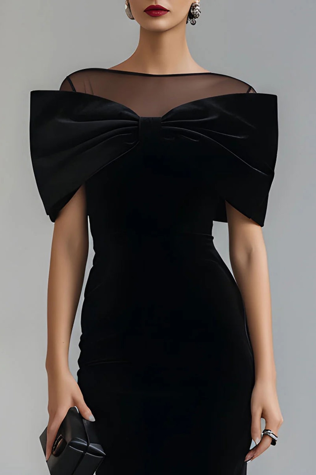 Velvet Midi Dress with Sheer Neckline and Bow Detail - 4