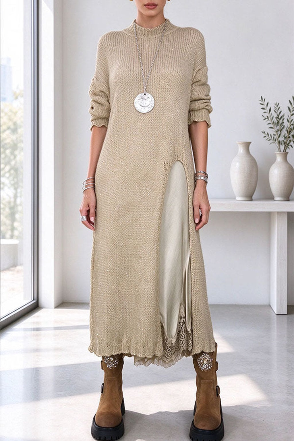 Polyester Casual Set With Split-Hem Detail - 3