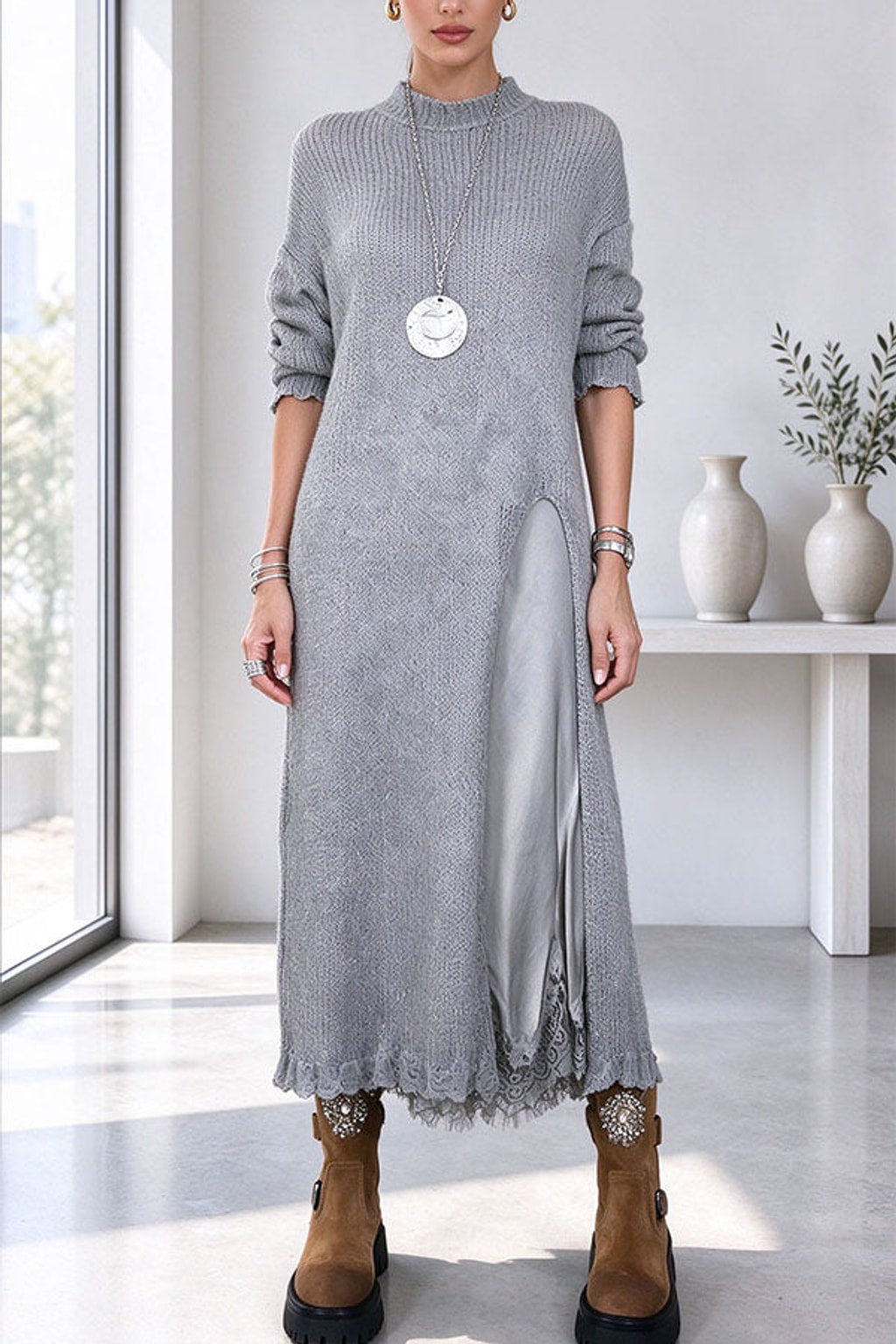 Polyester Casual Set With Split-Hem Detail - 4