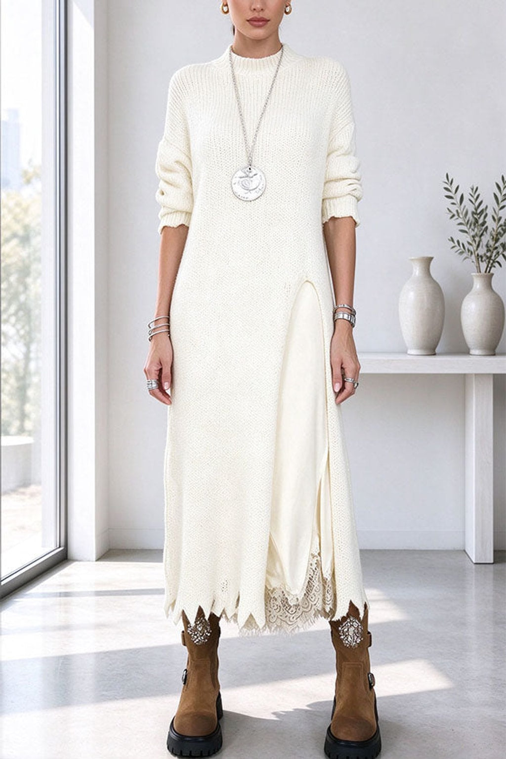 Polyester Casual Set With Split-Hem Detail - 8