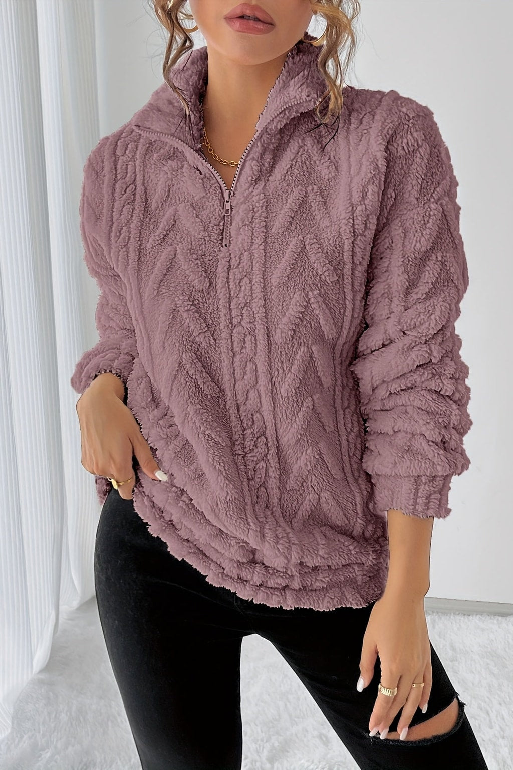 Textured Cotton Pullover with Stand Collar - 6