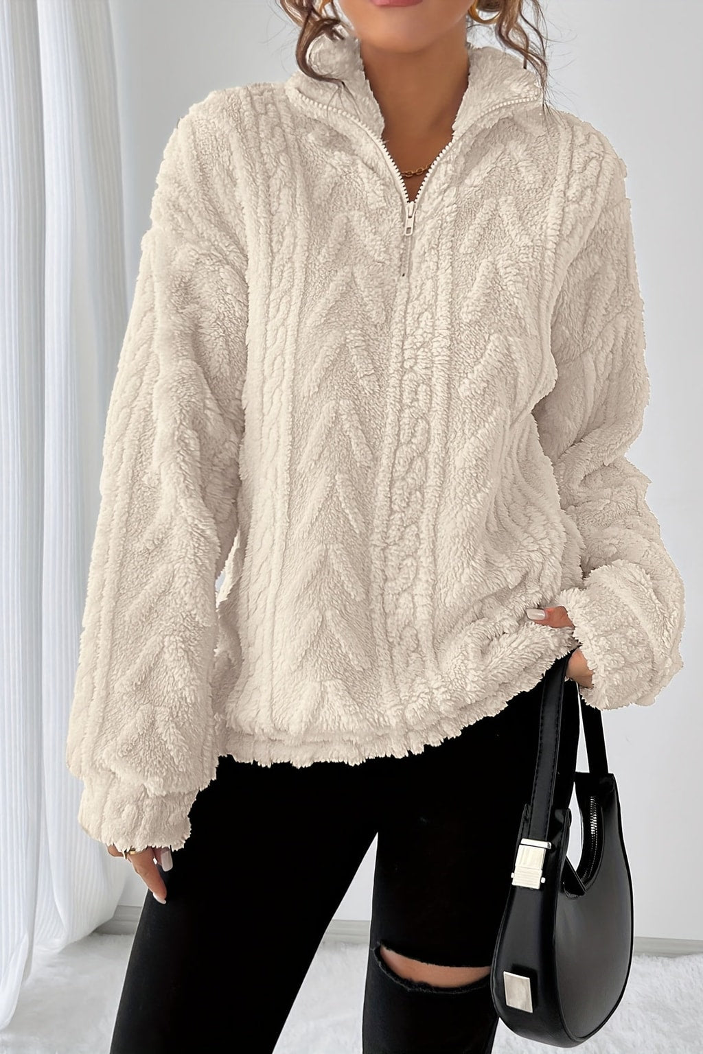 Textured Cotton Pullover with Stand Collar - 2