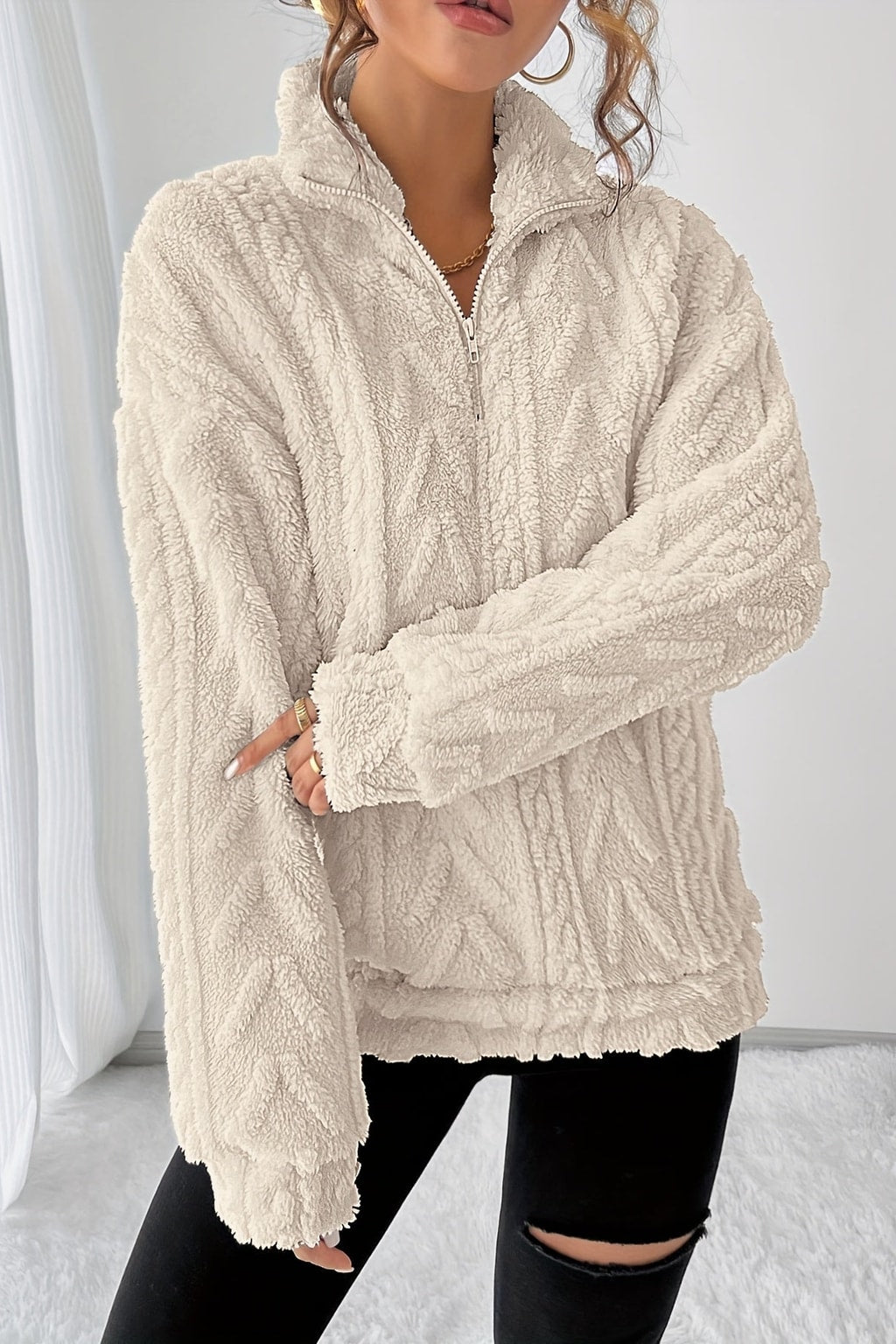 Textured Cotton Pullover with Stand Collar - 3