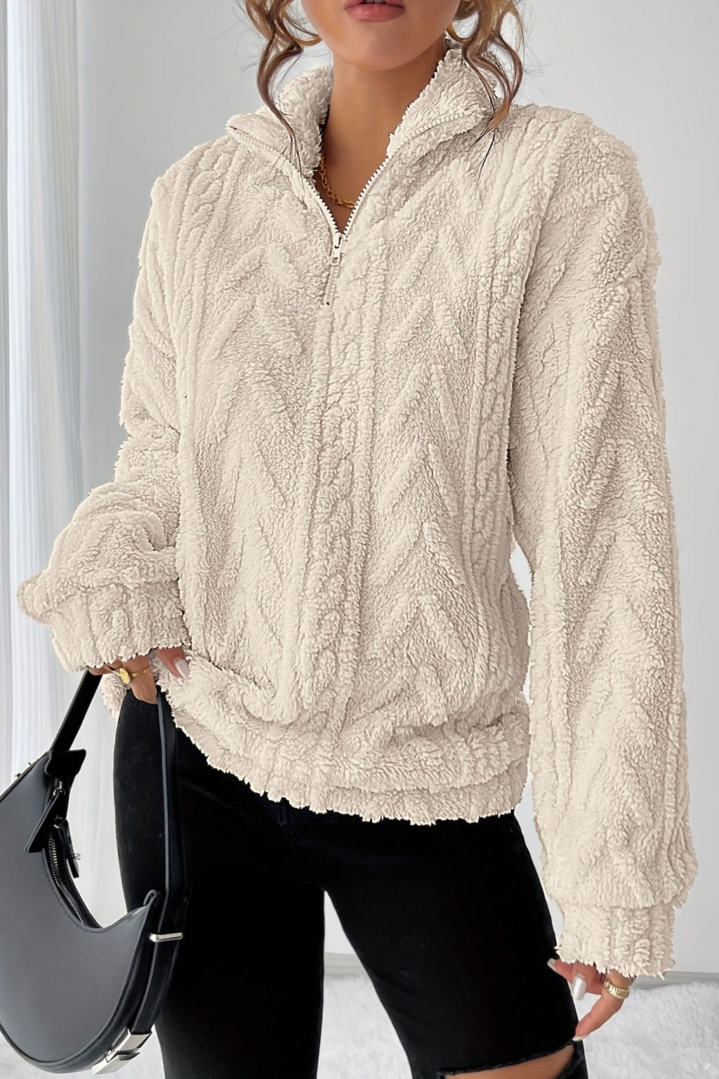 Textured Cotton Pullover with Stand Collar - 4