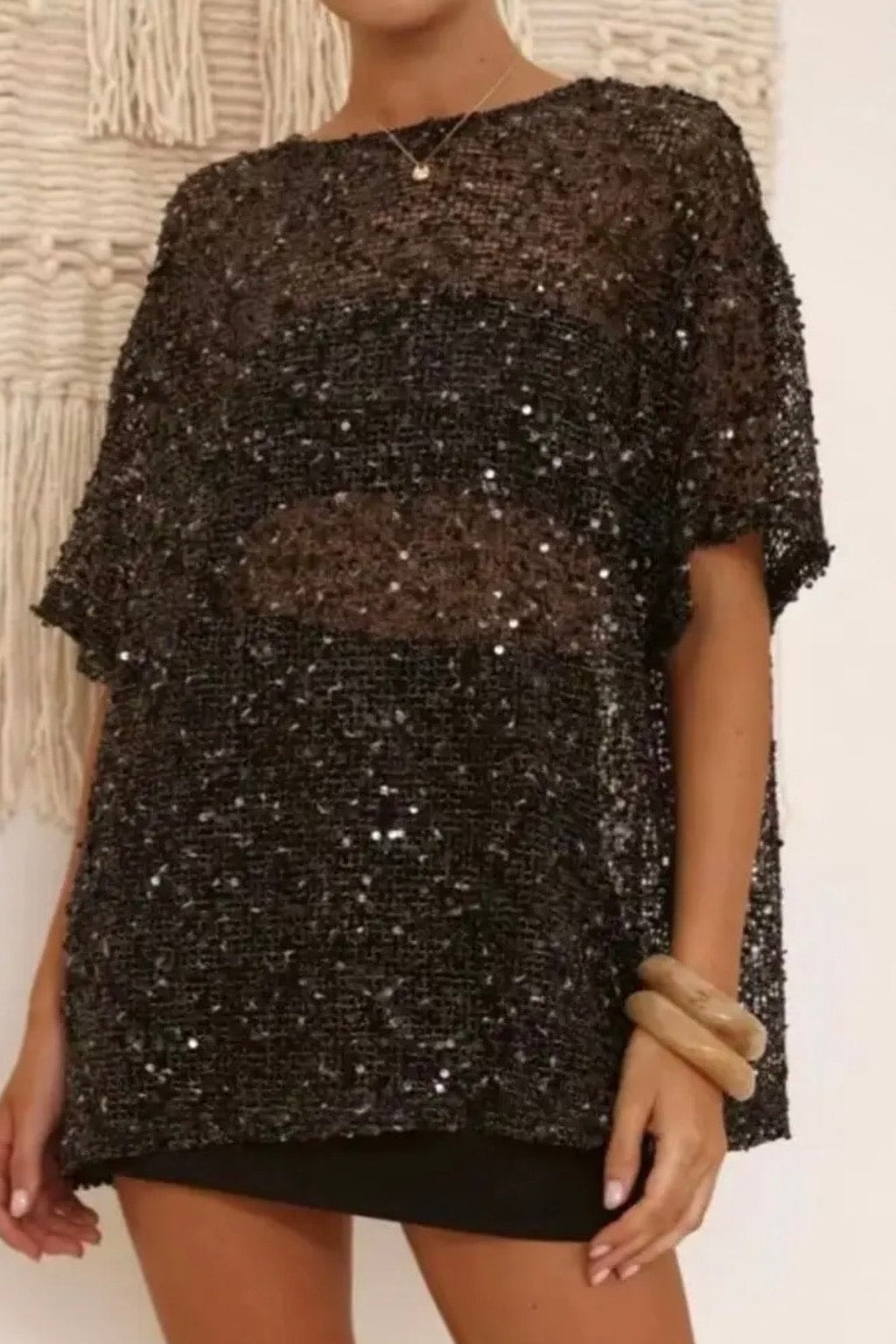 Sequin Mesh Top With Oversized Fit - 11