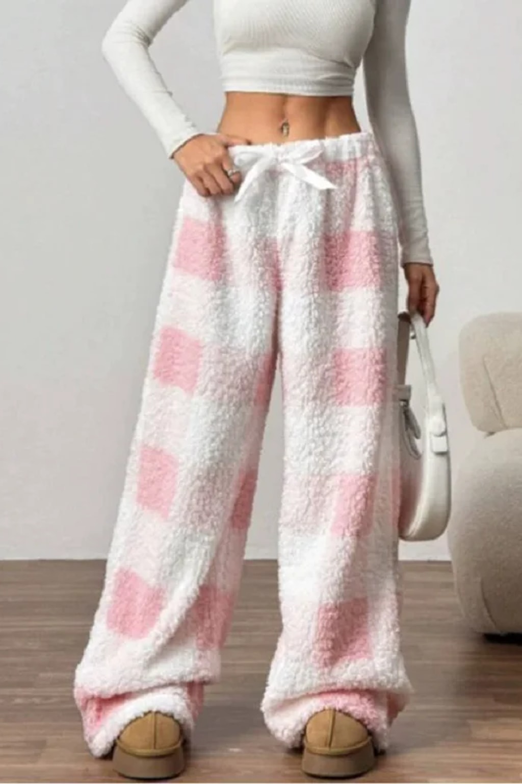 Fleece Lounge Pants with Elastic Waist and Wide Leg - 2