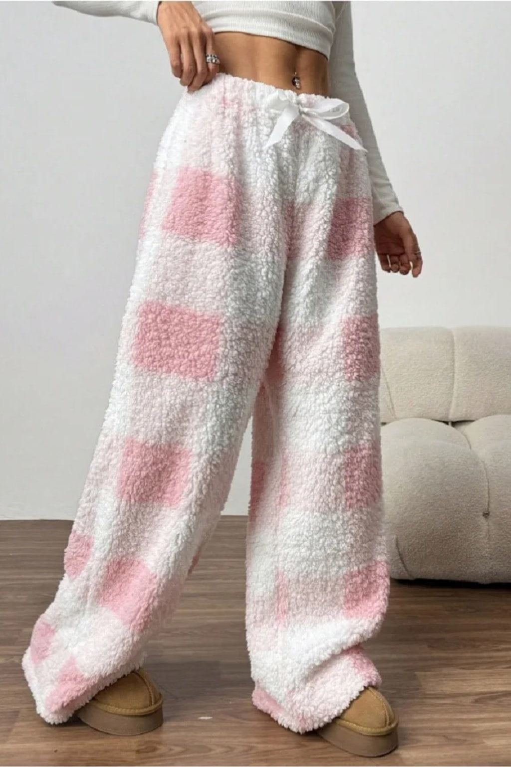 Fleece Lounge Pants with Elastic Waist and Wide Leg - 4