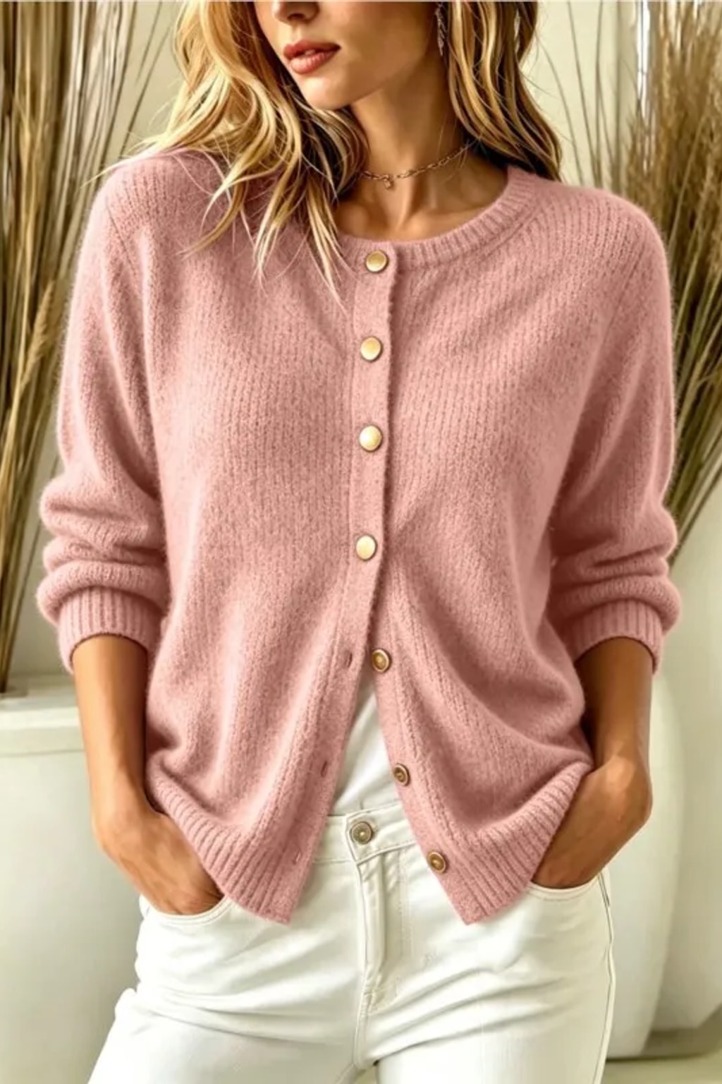 Knit Cardigan Sweater with Round Neck and Button Front - 2