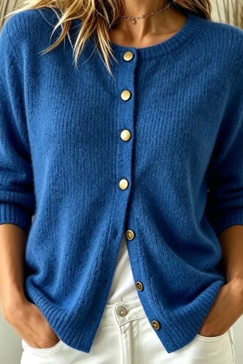 Knit Cardigan Sweater with Round Neck and Button Front - 6
