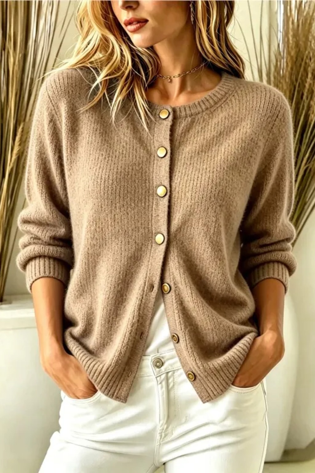 Knit Cardigan Sweater with Round Neck and Button Front - 7