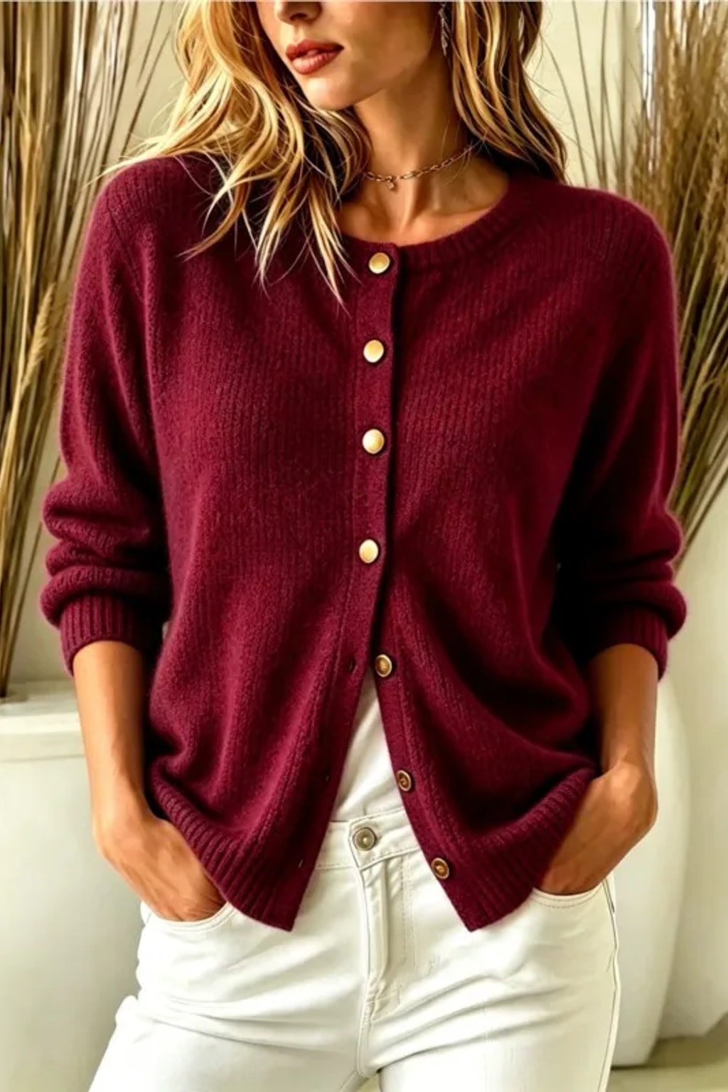 Knit Cardigan Sweater with Round Neck and Button Front - 8