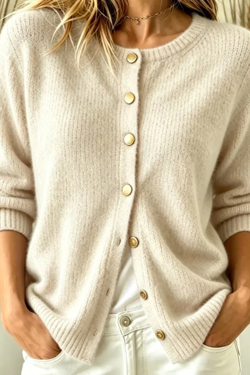 Knit Cardigan Sweater with Round Neck and Button Front - 9