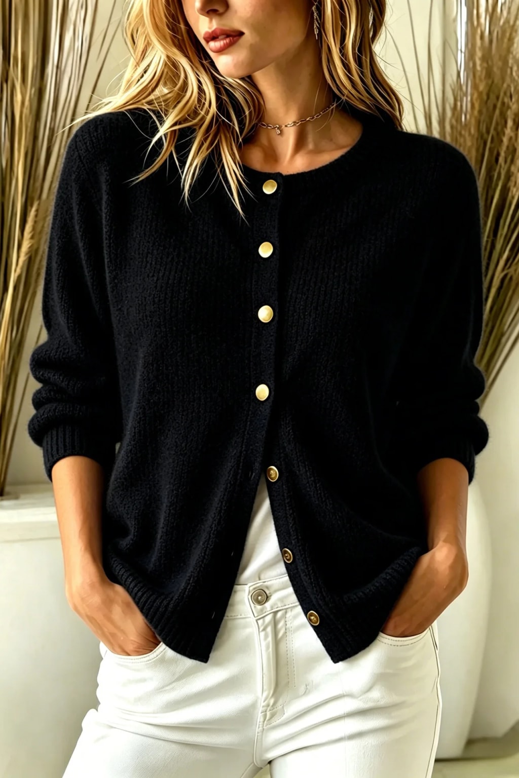Knit Cardigan Sweater with Round Neck and Button Front - 11