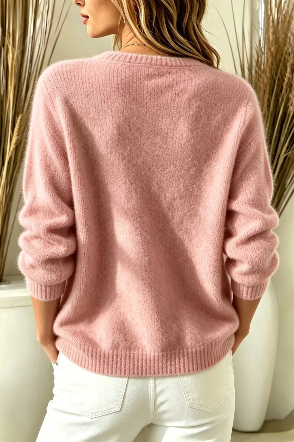 Knit Cardigan Sweater with Round Neck and Button Front - 3