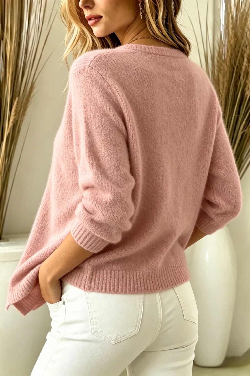 Knit Cardigan Sweater with Round Neck and Button Front - 4