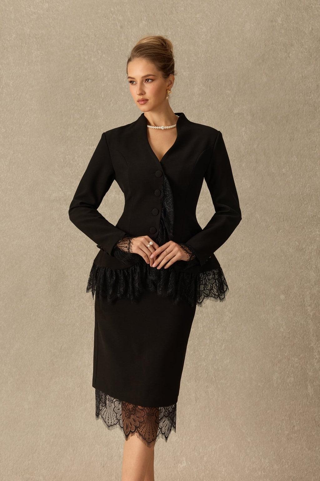 Terylene Lace Panel Blazer And Midi Skirt Set - 6