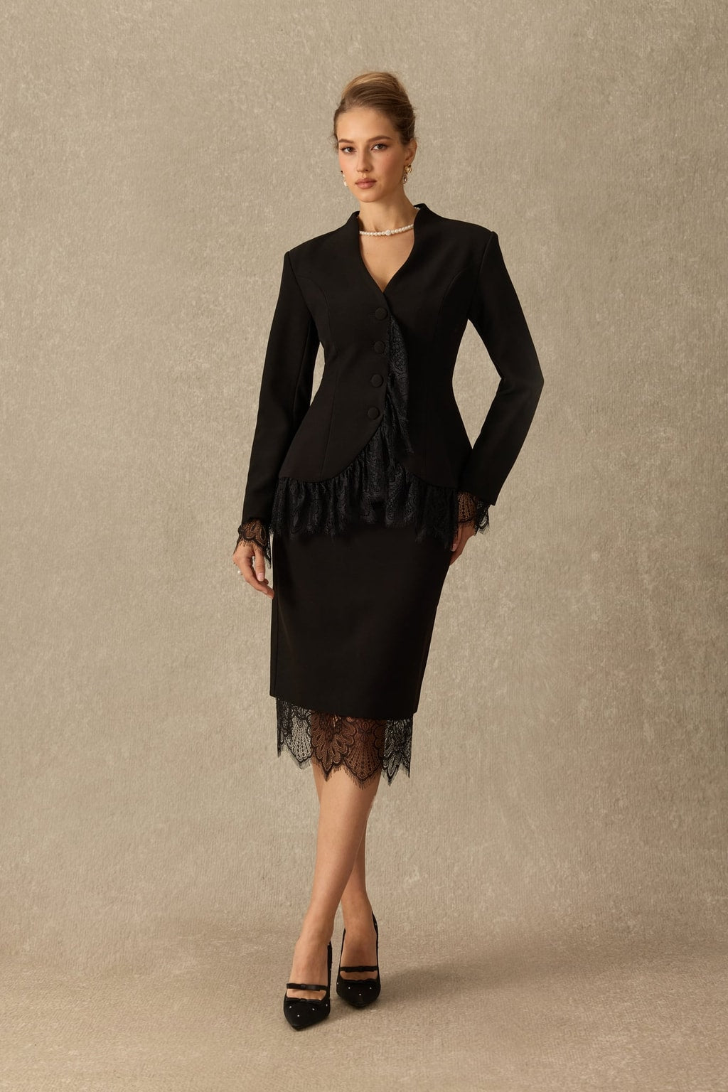 Terylene Lace Panel Blazer And Midi Skirt Set - 2