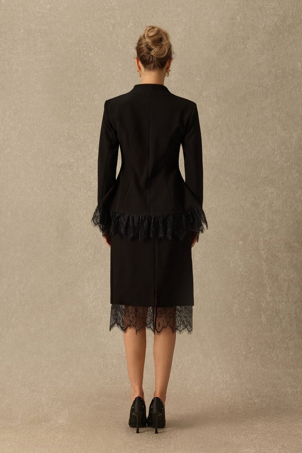 Terylene Lace Panel Blazer And Midi Skirt Set - 5