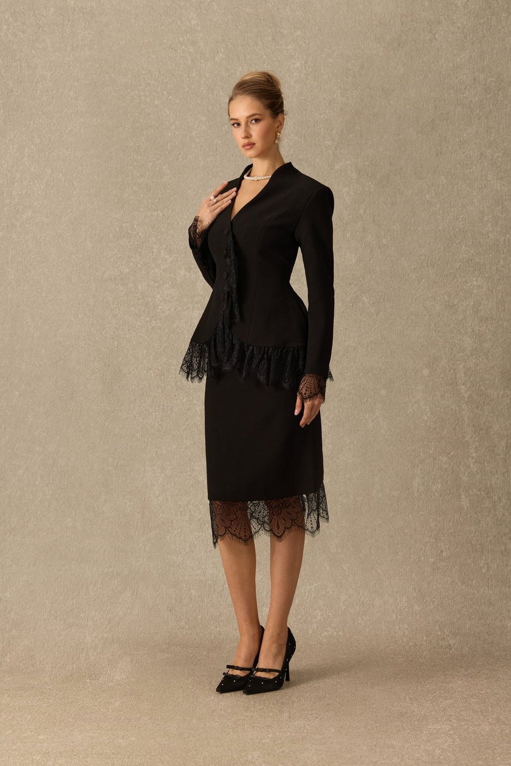Terylene Lace Panel Blazer And Midi Skirt Set - 3