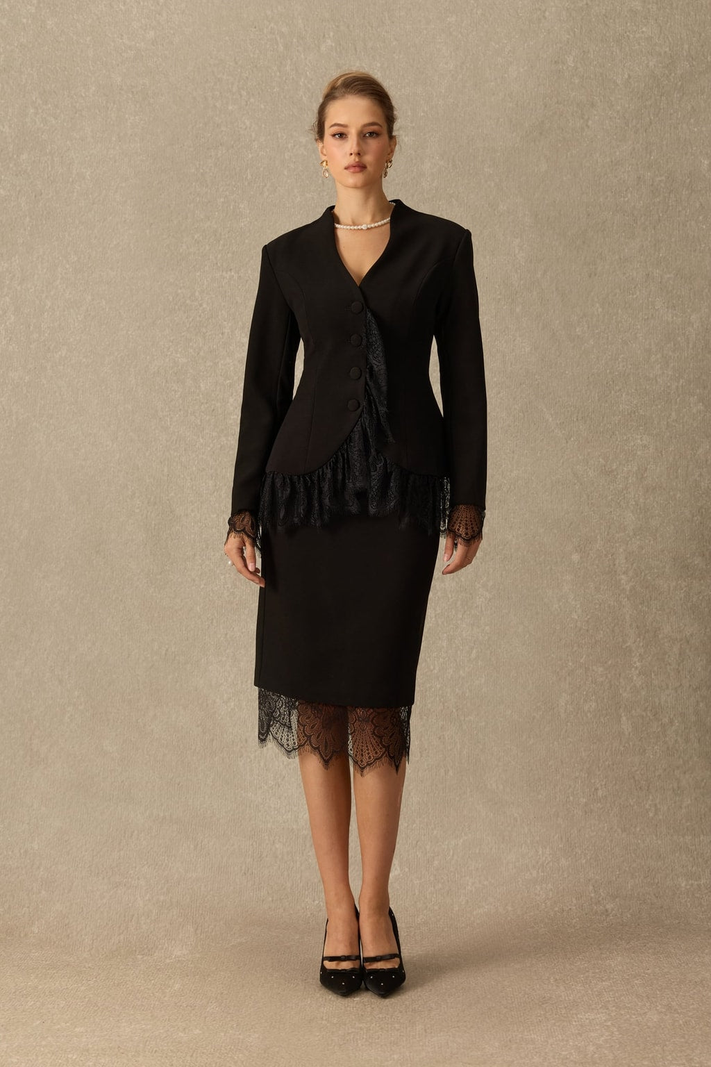 Terylene Lace Panel Blazer And Midi Skirt Set - 4