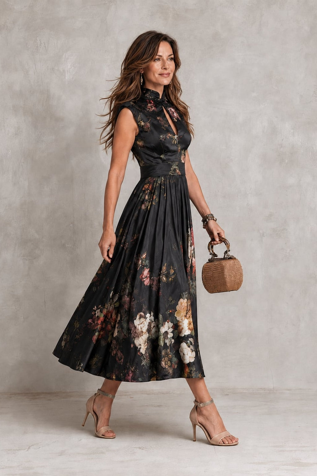 Satin Midi Dress With Keyhole Collar - 3