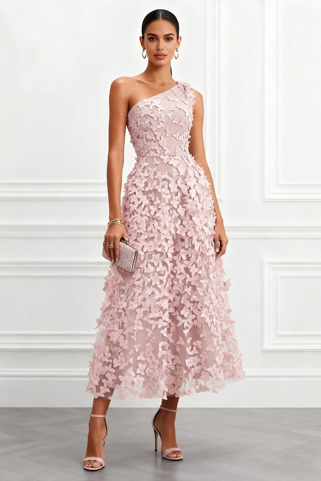 Polyester Midi Dress With 3D Florals - 8