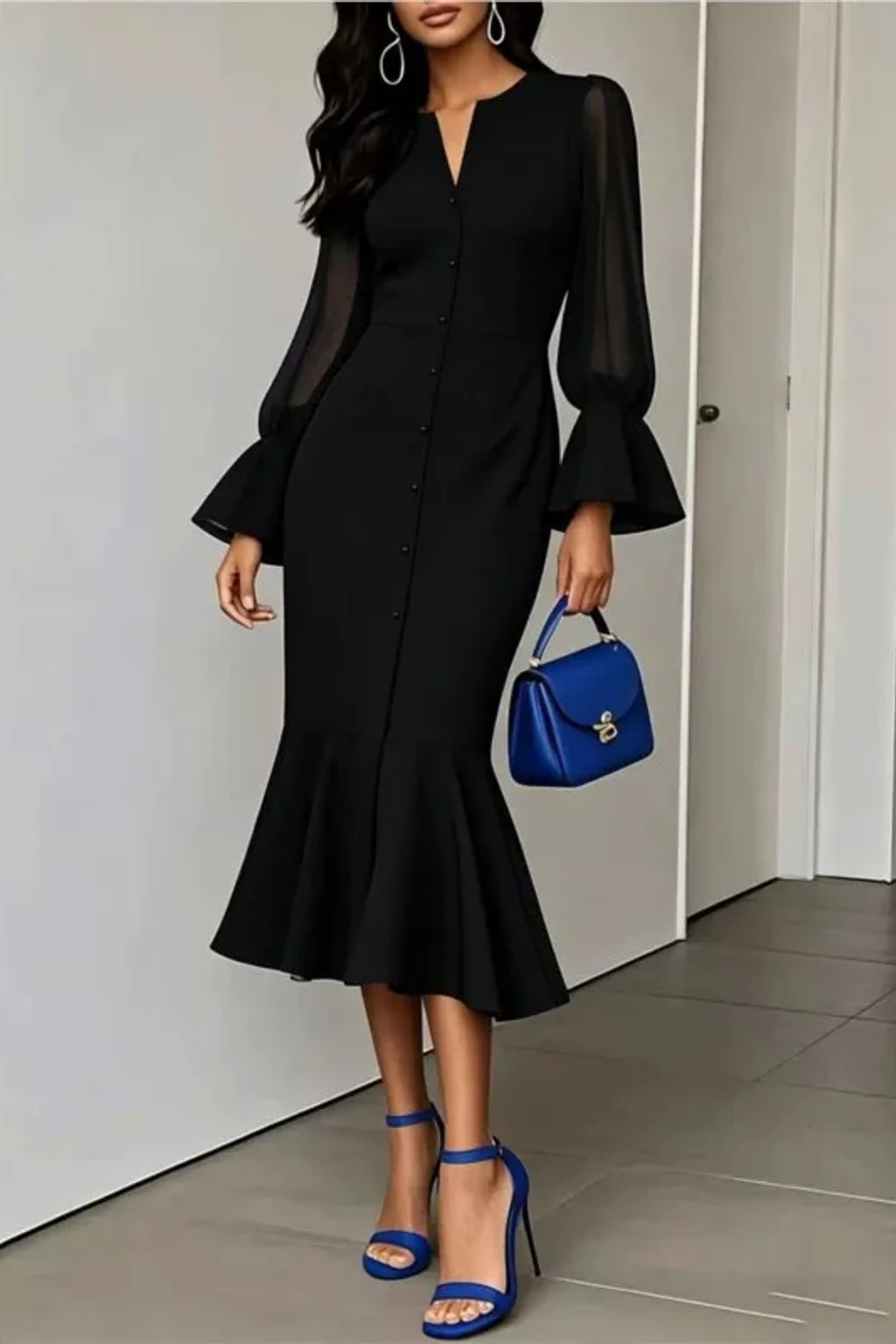 Synthetic Fiber Dress With Bubble Sleeves - 11