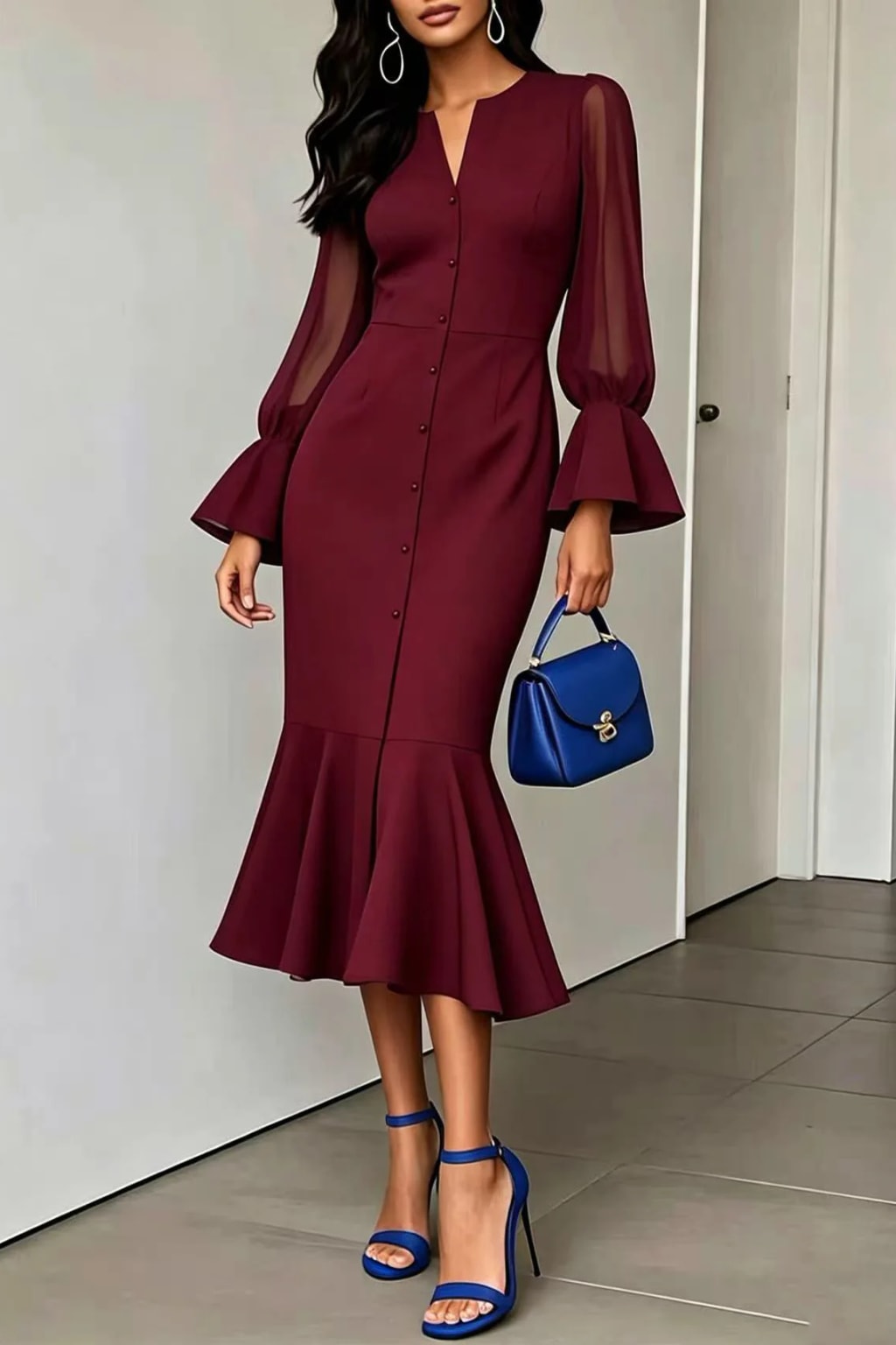 Synthetic Fiber Dress With Bubble Sleeves - 12