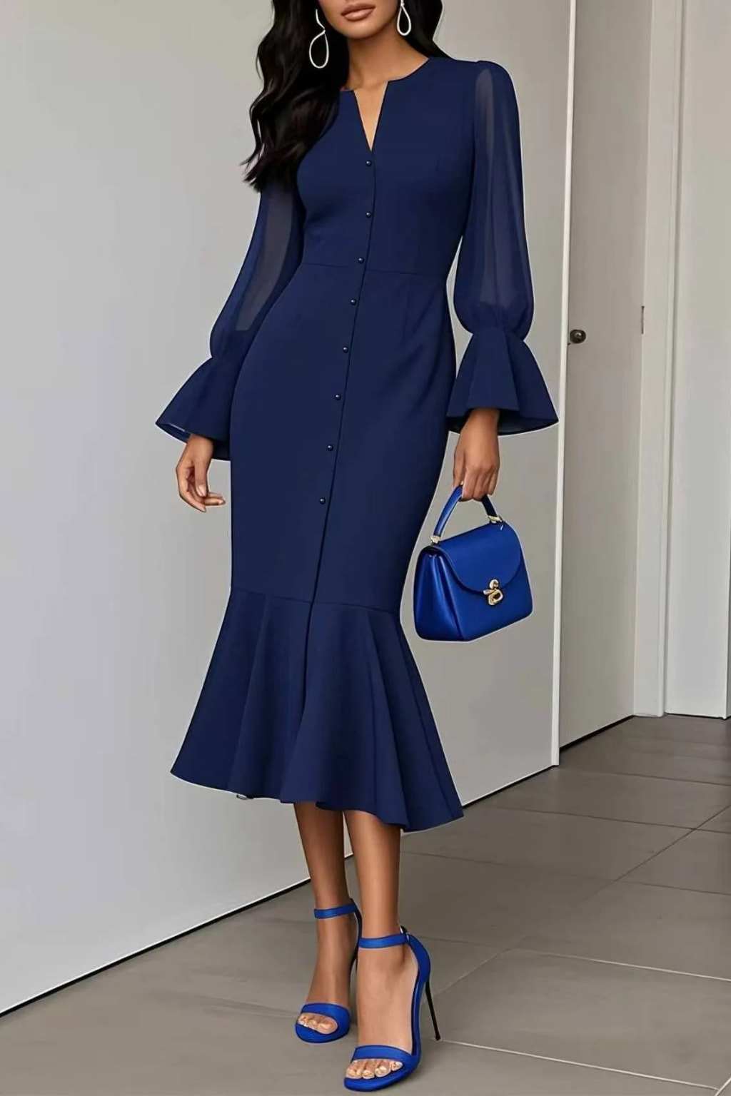 Synthetic Fiber Dress With Bubble Sleeves - 7