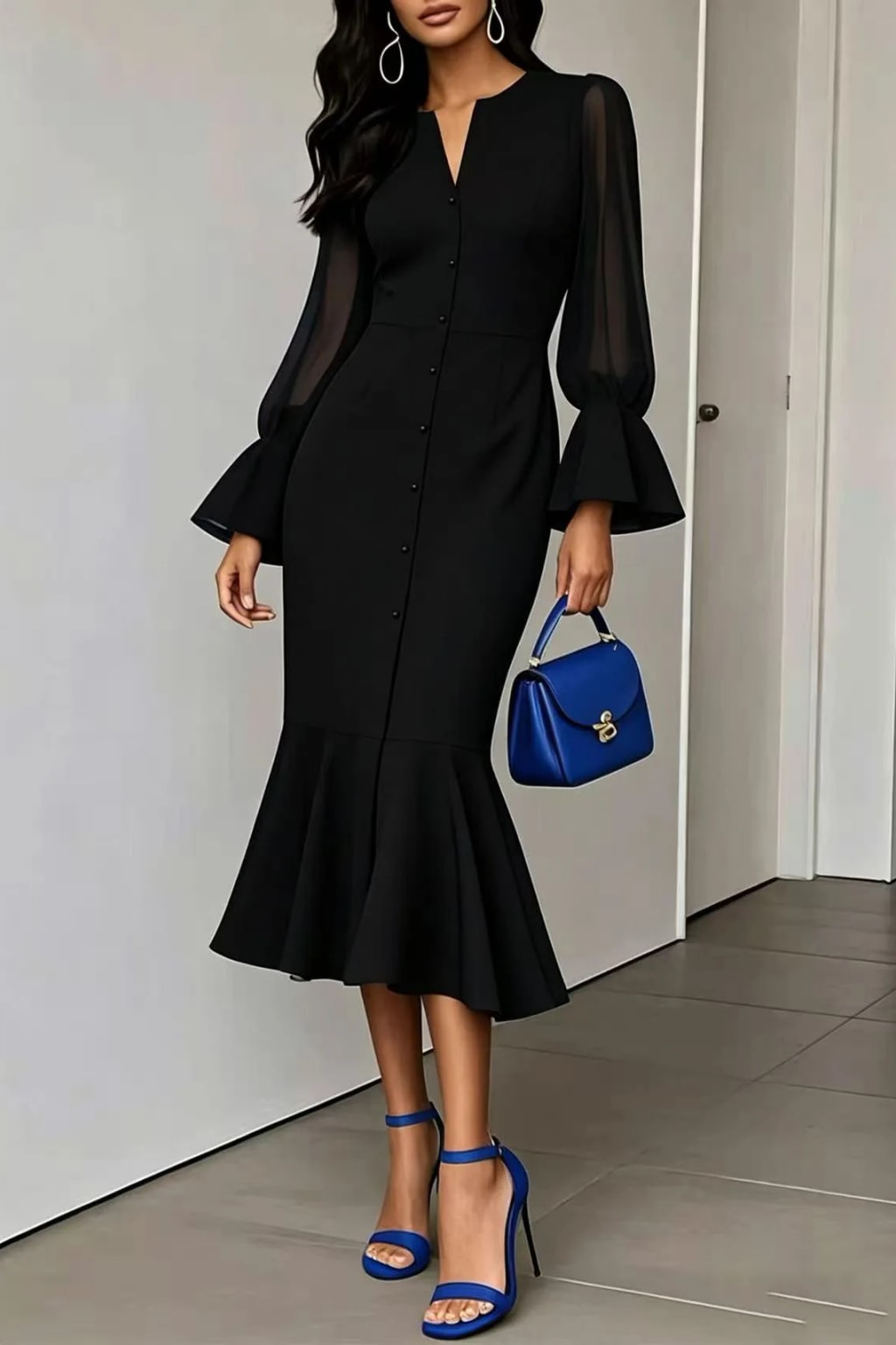 Synthetic Fiber Dress With Bubble Sleeves - 9