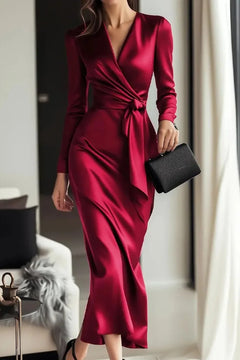 Satin Wrap Midi Dress With Tie Waist - Wedding Guest & Cocktail - 2
