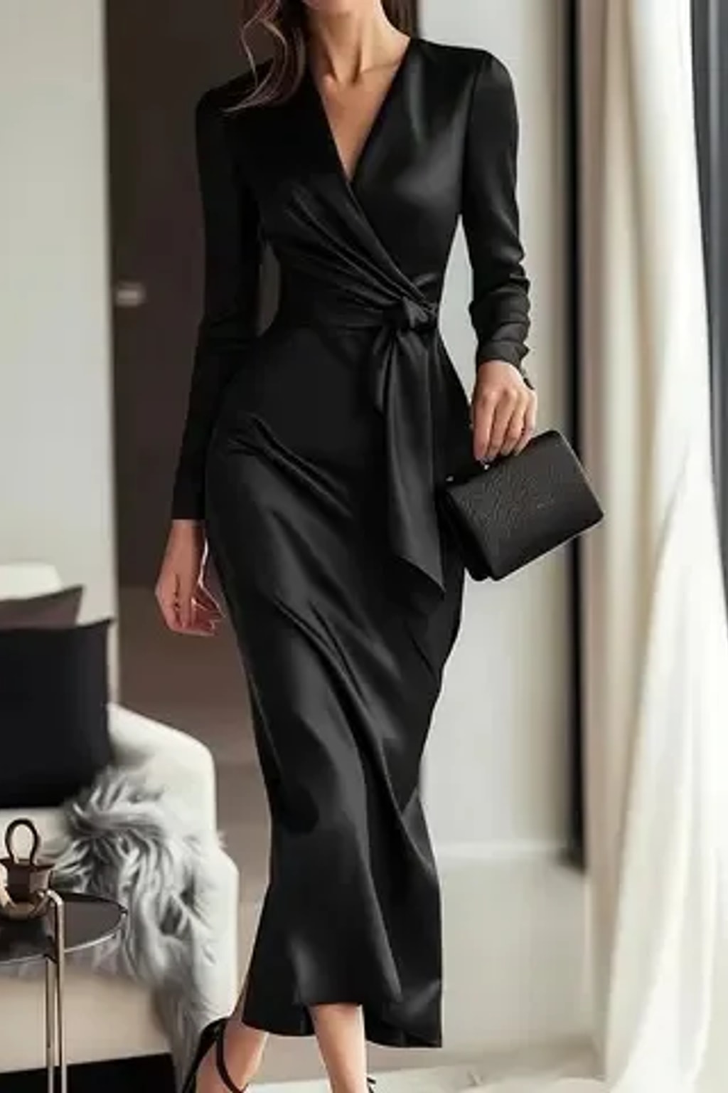 Satin Wrap Midi Dress With Tie Waist - Wedding Guest & Cocktail - 4