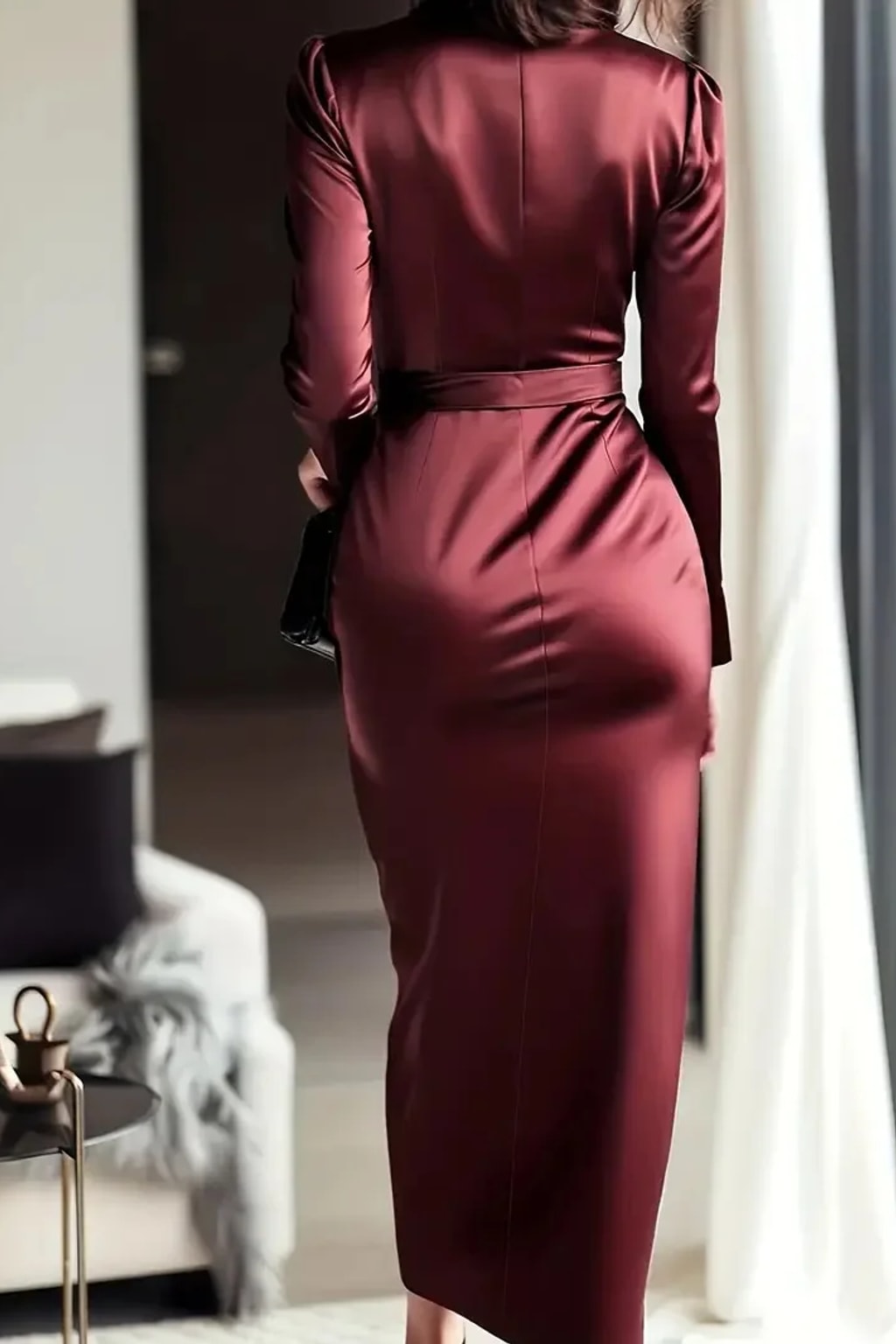 Satin Wrap Midi Dress With Tie Waist - Wedding Guest & Cocktail - 7