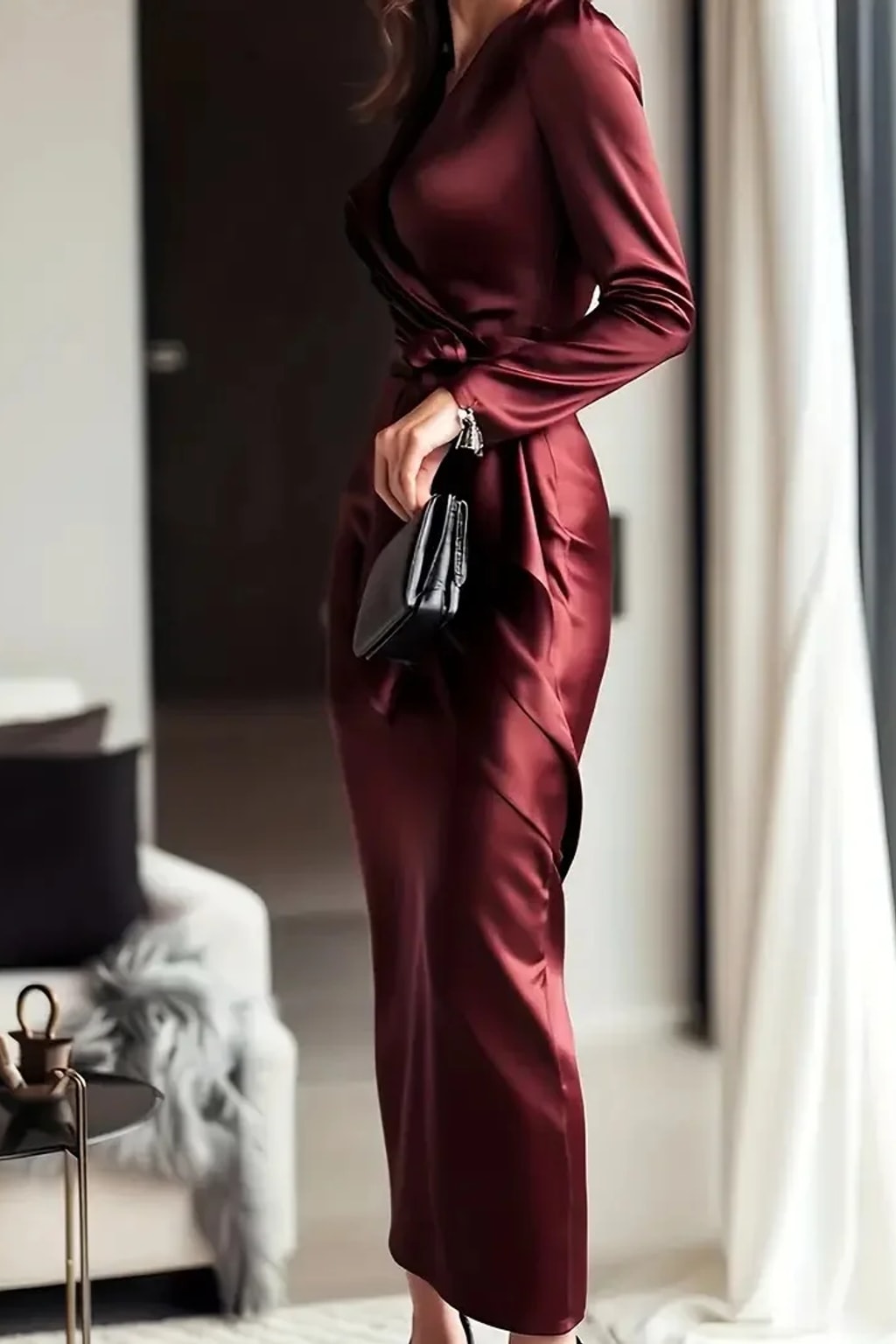 Satin Wrap Midi Dress With Tie Waist - Wedding Guest & Cocktail - 8