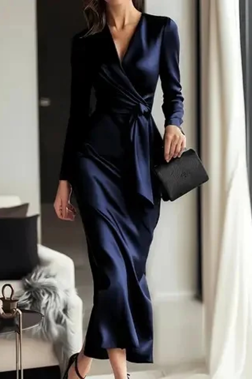 Satin Wrap Midi Dress With Tie Waist - Wedding Guest & Cocktail - 9