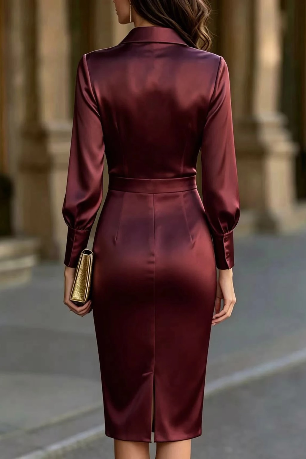 Satin Polyester Midi Dress With Lantern Sleeves - 5