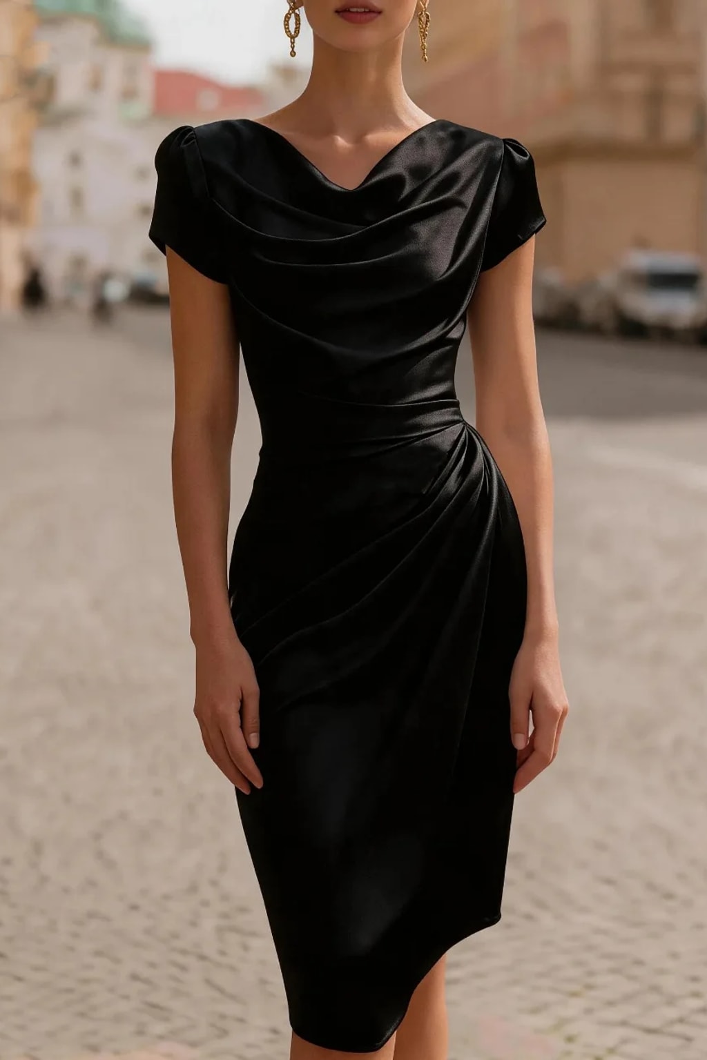 Satin Polyester Midi Dress With V-Neck - 8