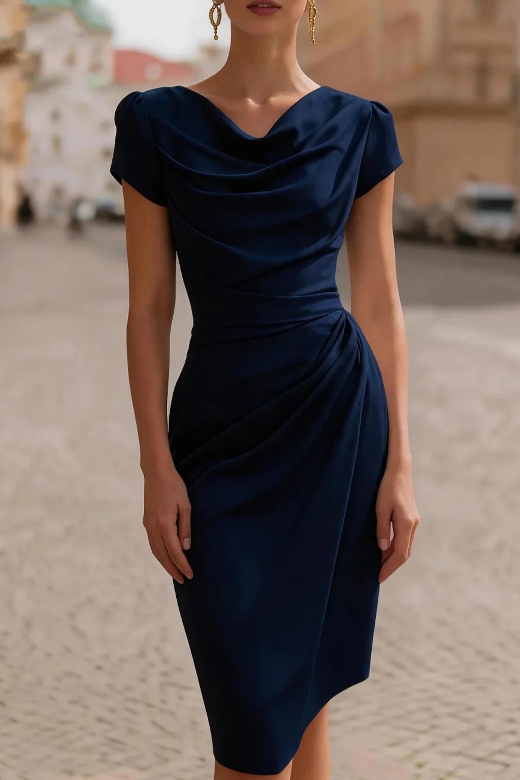 Satin Polyester Midi Dress With V-Neck - 6