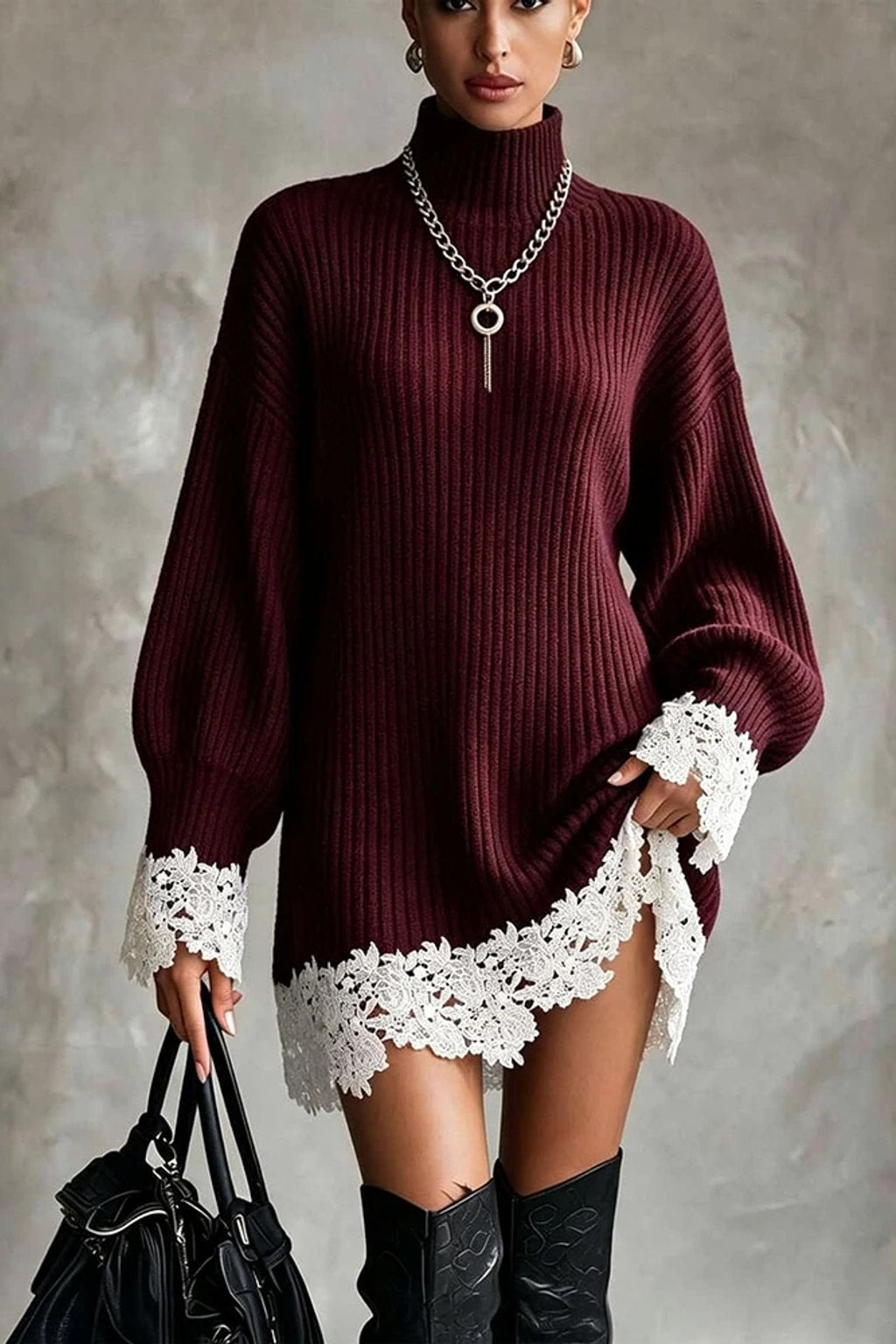 Synthetic Fiber A-Line Dress With Lantern Sleeves - 6