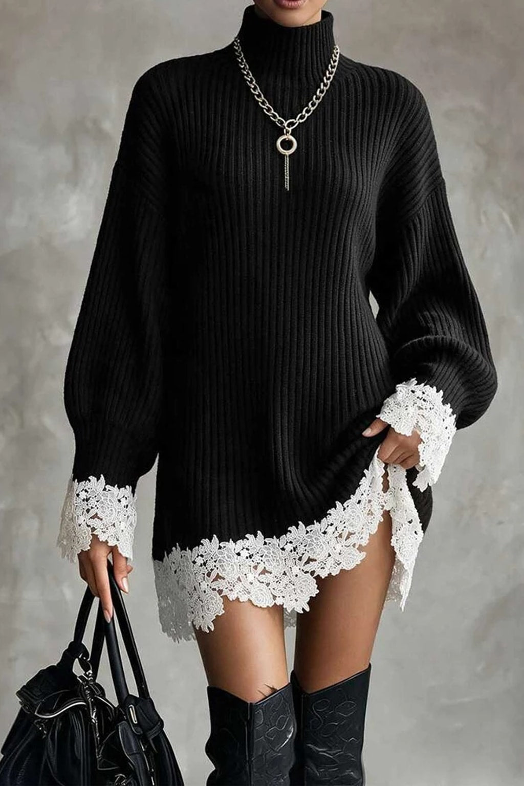 Synthetic Fiber A-Line Dress With Lantern Sleeves - 2