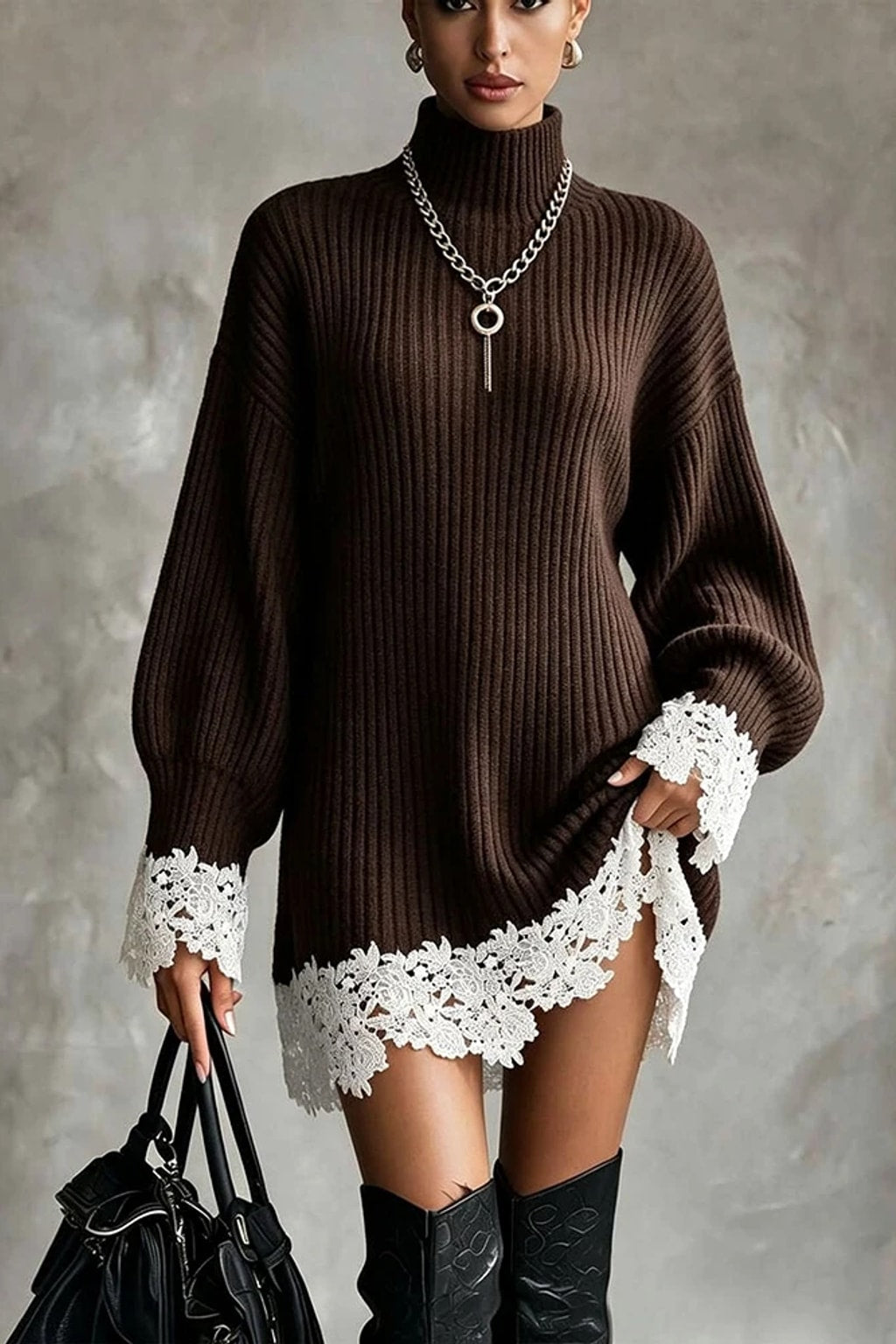 Synthetic Fiber A-Line Dress With Lantern Sleeves - 10