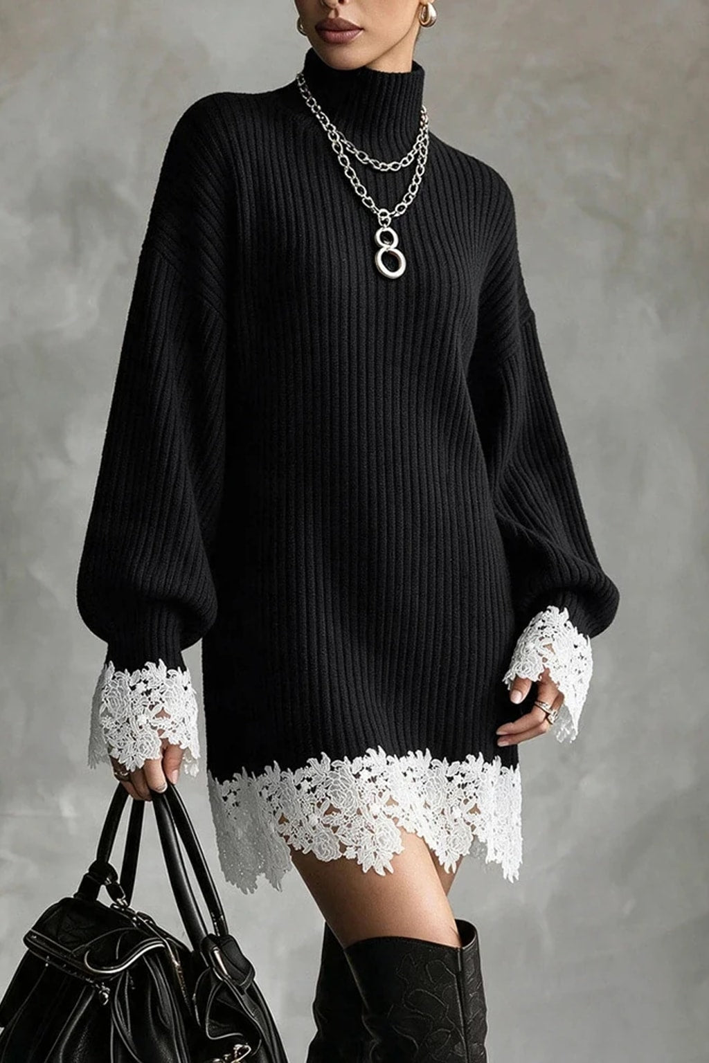 Synthetic Fiber A-Line Dress With Lantern Sleeves - 3