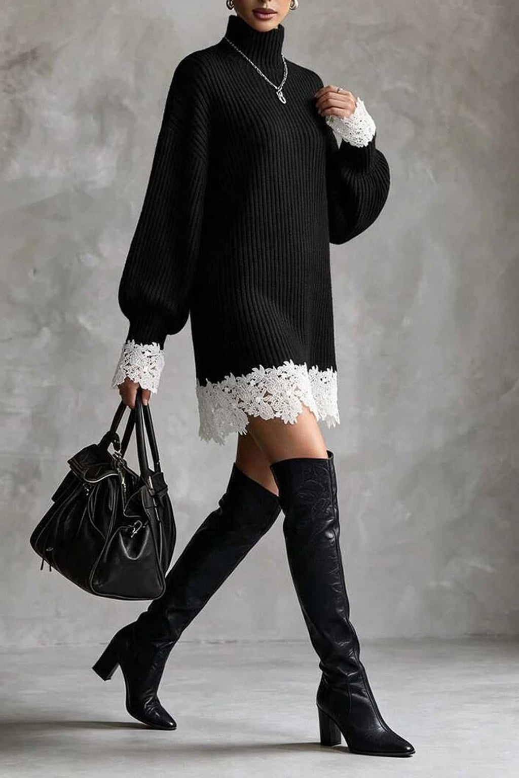 Synthetic Fiber A-Line Dress With Lantern Sleeves - 4