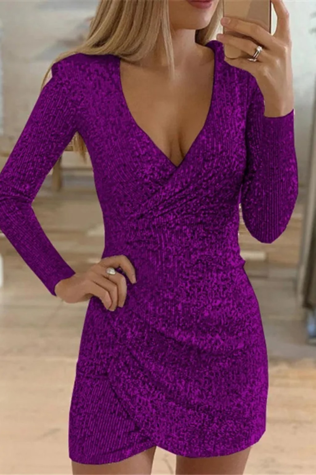 Polyester Mini Dress With Sequin V-Neck - 4