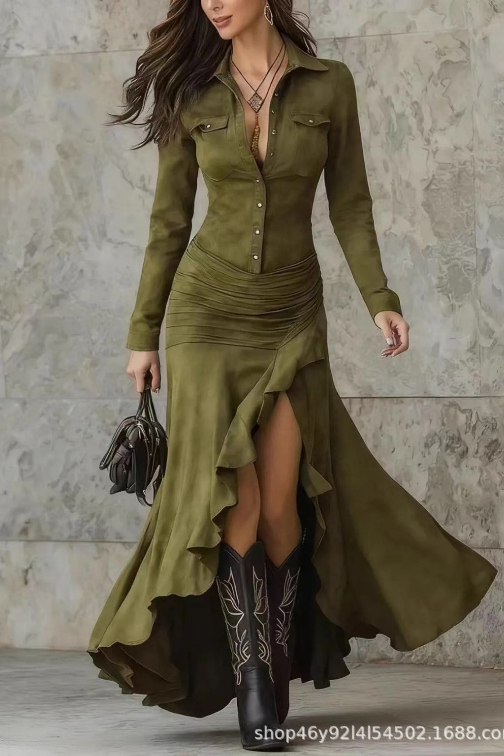 Polyester Shirt Dress With Stand Collar - 3
