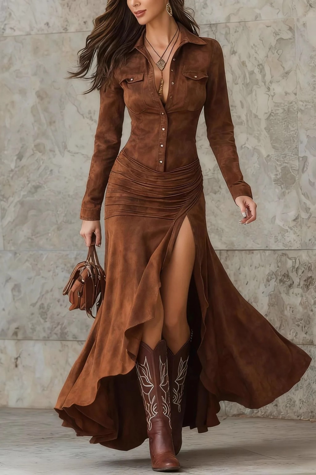 Polyester Shirt Dress With Stand Collar - 4