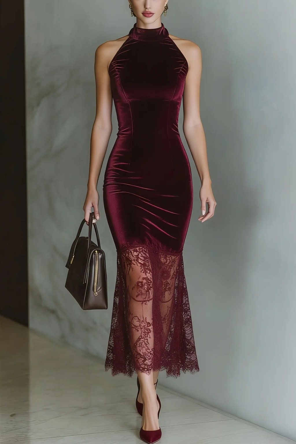 Velvet Midi Dress With Halter Neck - 2